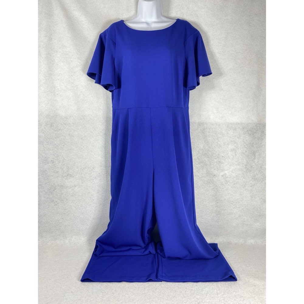 Calvin Klein Jumpsuit Womens 14 Blue Wide Leg Short Sleeves Pleated Front Dressy